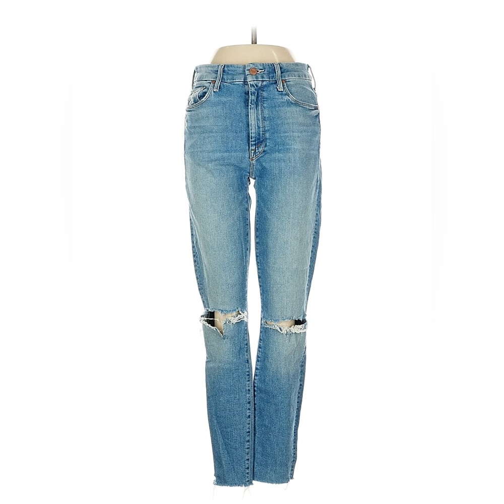 MOTHER Light Blue Straight Leg Jeans with Knee Rips